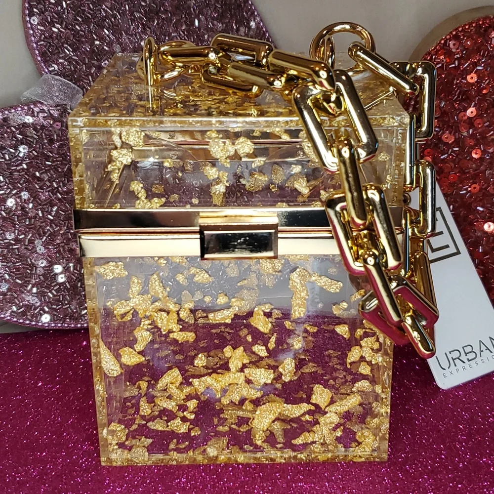 🎉HP🎉Urban Expressions 💜NWT💜 Acrylic Gold Foil Box Bag & Gold Chain Handle! - Picture 13 of 15